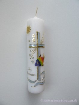 Kommunionkerze-Konfirmationskerze Junge , Kreuz / Fisch - Regenbogen  modern